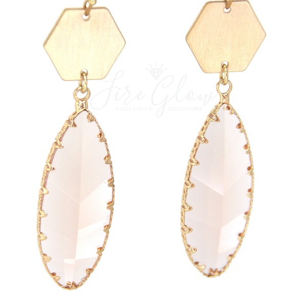 Peach Teardrop Gem Brushed Gold Tone Hex Earrings - Picture 7 of 15